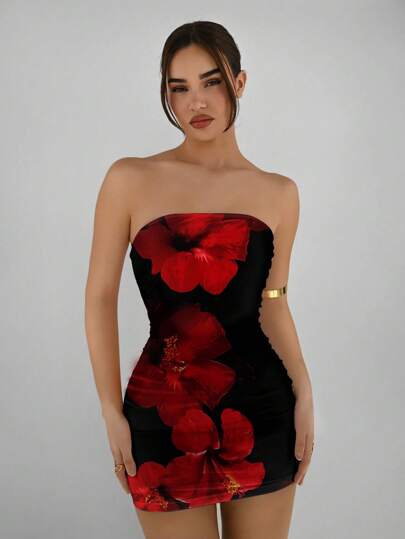 Aloruh 女式休闲修身迷你连衣裙，花卉印花，适合夏季