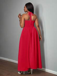 Slaydiva Đầm dài hở lưng cổ chữ V thanh lịch cho ngày lễ, màu trắng - Đỏ - Xem 2