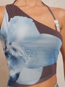 Lumalex Traje de baño modesto de verano de estilo antiguo, traje de baño, ropa de playa, elegante, bohemio, BOHO, mar, playa, caluroso, al aire libre, ricamente multicapa, temporada de boda, ceremonia de mayoría de edad, blusa asimétrica con estampado floral y espalda descubierta para mujer - Café integral - Ver 4