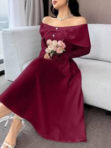 Modelyn Women Off Shoulder Contrast Lace Flare Sleeve Elegant Mid-Length Dress - Red - View 7