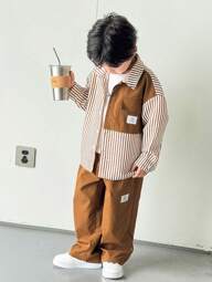 SHEIN 2 件套年轻男孩舒适休闲宽松韩版时尚条纹长袖衬衫和裤子套装，适合日常穿着、运动、郊游、学校、聚会、假期、拍照、返校季、所有季节