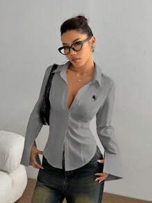 TRNVIE Fitted Embroidered Front Women's Casual Shirt For Commute Fall Cloth For Women - Grey - View 4