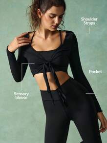 VARSIVA Conjunto de mujer de top corto de tirantes de unicolor y pantalones de manga larga para hacer ejercicio - Negro - Ver 10