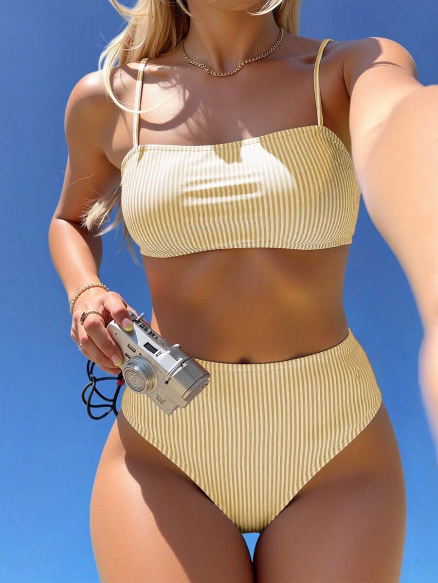 Swim Vcay Women Vacation Casual Sexy Random Stripe Print Bandeau Top And High Waist Bikini Bottoms Set, Spring/Summer