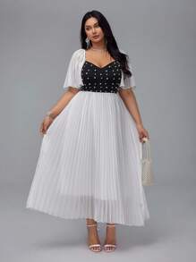 SHEIN MOOSTA Đầm dài xếp ly eo tối giản in họa tiết chấm bi cỡ lớn cho nữ tay áo raglan cổ điển lãng mạn - Đen và trắng - Xem 6