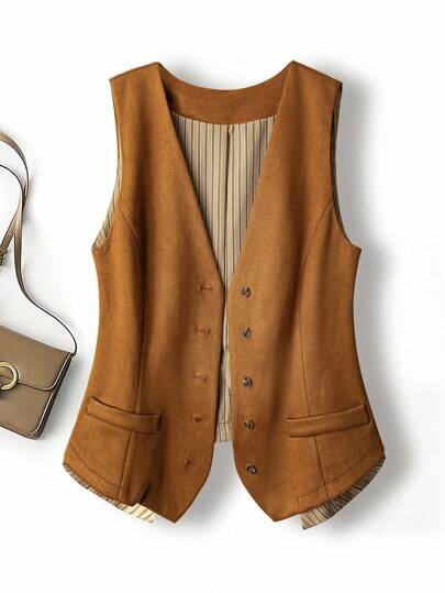 SHEIN LUNE Plus Size Women French Style Casual Summer Sleeveless V-Neck Jacket Winter Autumn