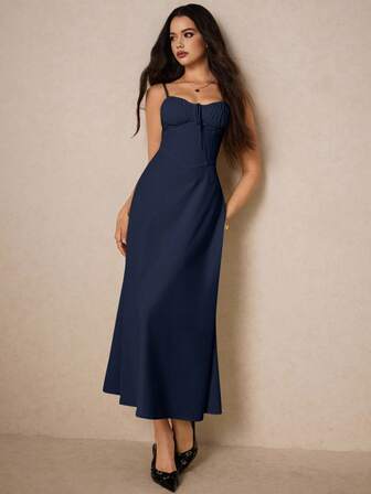 Poéselle 女式纯色前系带褶饰优雅细肩带连衣裙，夏季