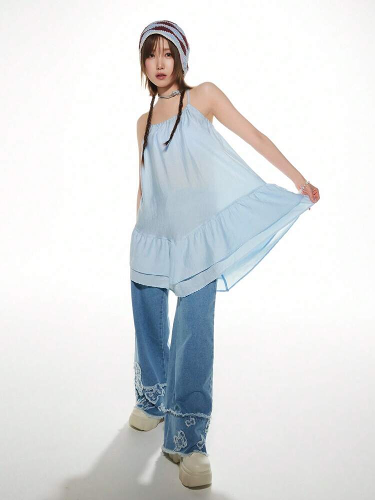 Water-Washed Blue Denim Long Wide-Leg Jeans With Lace Waistband, Bow Decor, Casual Style, Suitable For All Seasons