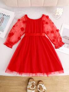 Girls' Elegant Ruffle Red Mesh Ruffled Long Sleeve Dress Fall Winter - Red - View 2