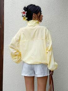 SHEIN EZwear 女式奶油黄色尼龙立领宽松拉链长袖夹克秋冬 - 黃色 - 查看 2