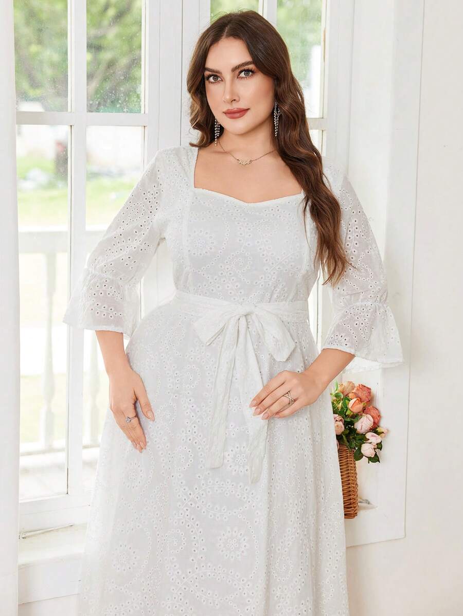 Modelyn Plus Size Women's Floral Embroidery Ruffle Sleeve Dress - Beige - View 1