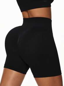 Easithlete Easithlete Women Letter Ribbon Decor High Waist Seamless Sports Shorts Workout Short - Black - View 5