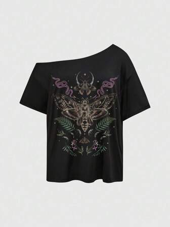 Goth Camiseta de verano casual de talla grande con estampado de bruja, polilla gótica, serpiente y floral, estilo gótico, asimétrica y hombro descubierto, vintage