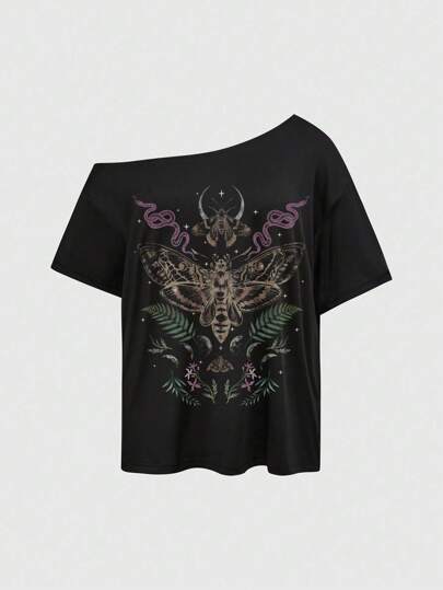 Witch, Gothic Moth Snake Floral Print Mystic Goth Sexy Asymmetrical Shoulder Plain Black Summer Casual Vintage Plus Size Asymmetrical Shoulder T-Shirt Suitable For Going Out