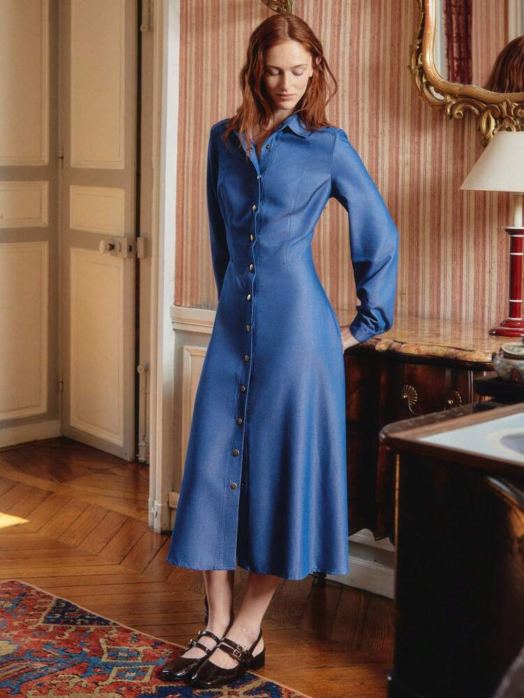 Maxi Blue Shirt Dress With Gold Button Front Opening Office Dress Teacher Dress Business Casual Dress Spring Summer Dress
