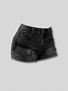 SHEIN MOD 大码夏季休闲低腰修身工装牛仔短裤 - 黑色 - 查看 1