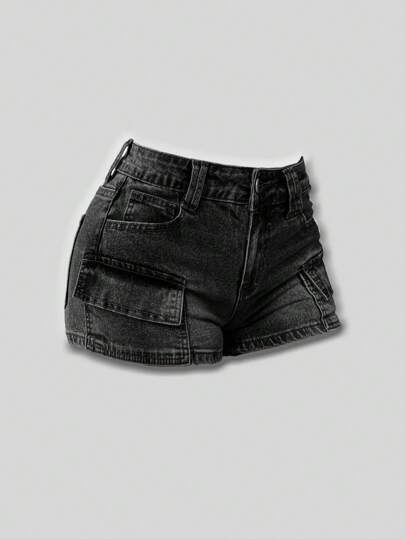 SHEIN MOD Plus Size Summer Casual Dark Blue Denim Shorts,Everyday Slim Fit Cargo Jean Shorts,Y2K Vintage Wide-Leg Boho Style,Sparkly Rhinestone Design Dailywear
