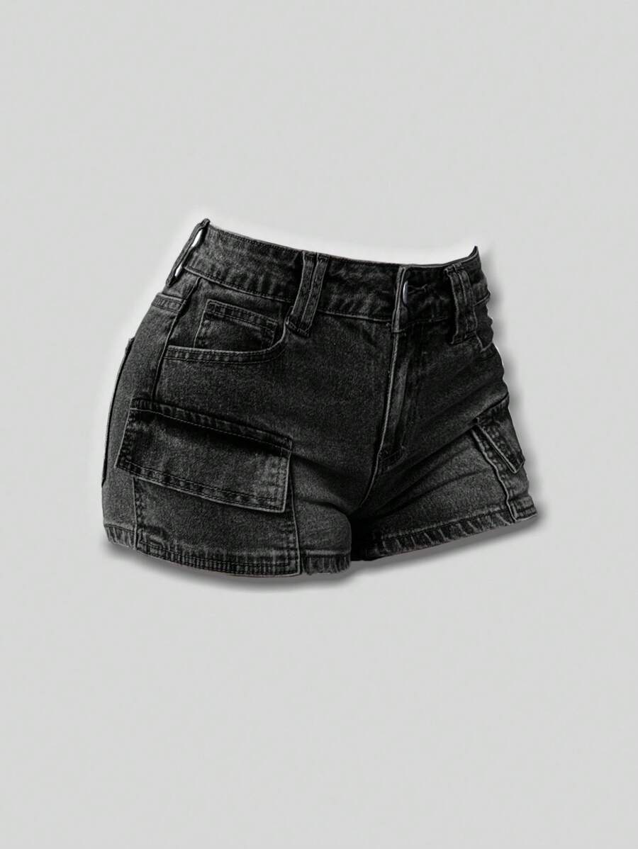 SHEIN MOD 大码夏季休闲低腰修身工装牛仔短裤 - 黑色 - 查看 1