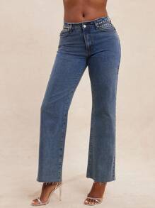 NYA SZN Pantalones vaqueros con cintura alta, desgastados y recortados, con detalles de bolsillos metálicos y tachuelas para conciertos, eventos campestres y festivales para mujeres - Azul lavado oscuro - Ver 1