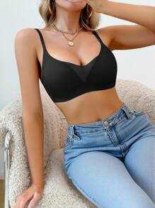SHEIN Women's Black Polyamide Comfy Bralette With Flocked Jelly Strip Support,Wire-Free Design For Ultimate Comfort And Smooth Shaping - Black - View 5