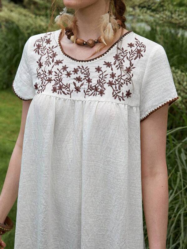 Florisole Women's Bohemian Style Embroidered Short Sleeve Casual Apricot Short Dress, Summer