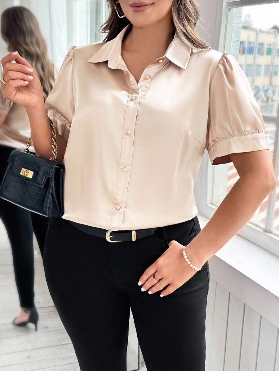 SHEIN Clasi قميص نسائي أنيق وأنيق من الأعمال الحرة للصيف بخامة الأطلس بمقاسات كبيرة - لون مشمشي - مشاهدة 1