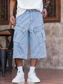 Manfinity Hypemode 男士休闲中长款阔腿牛仔短裤，夏季街头潮流 - 淺色水洗藍 - 查看 3