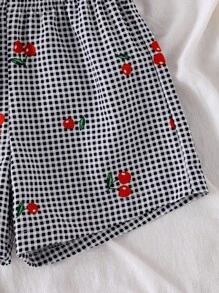 SHEIN Vintaside Kids Conjunto de 2 piezas de camisola y pantalones cortos con estampado de cereza a cuadros en negro y blanco para niña, transpirable y cómodo para el verano