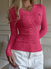 SHEIN EZwear Women's Solid Color V-Neck Regular Shoulder Long Sleeve Fitted Cable Knit Sweater Fall Tops,Tops For School - Hot Pink - View 4
