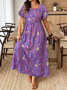 Weeklong Casual Vacation Style Random Print Short Sleeve Plus Size Dress - Multicolor - View 3