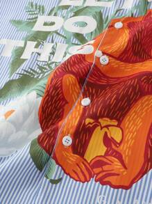 ROMWE MEN The White Lotus Camisa informal suelta de verano para hombre con cuello de solapa, hombros caídos y patrón tropical de monos y rayas para resort - Azul - Ver 4