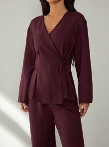 SHEIN PETITE Valentine's Day&New Year Women's Blazers, Burgundy Set,Suit Suits,Office Ladies' Wear, Business Ladies' Wear,Two Pieces Fall Outfits,Matching Outfits Couples,Shirt Set,Fall Clothes,Matching Family Pajamas,New Years Women Outfit - Burgundy - View 7