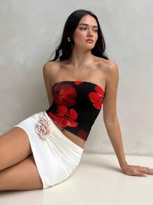 Aloruh 女士花卉印花休闲无缝抹胸短款上衣，适合夏季度假，红色 - 彩色 - 查看 4