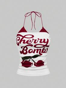 ROMWE 2pcs/Set American Vintage Cherry Print & Punk Vine Print Contrast Lace Halter Neck Bodycon Tank Top - Multicolor - View 5