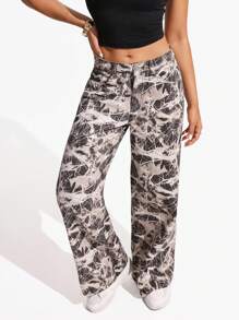 Jeanoix 女式宽松口袋印花阔腿休闲牛仔裤 - 灰色 - 查看 7