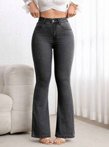 Flexra 女式喇叭休闲牛仔裤，带口袋，百搭 - 淺灰色 - 查看 3