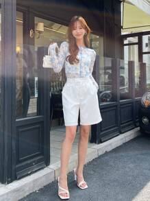 DAZY Floral Print Top-Stitching Mesh Top Sheer Long Sleeve Women Tops - White - View 4