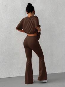 SHEIN EZwear Women's Summer Knitted Letter Embroidery T-Shirt And Flared Pants Set - Brown - View 2