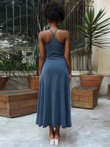 DAZY Đầm denim dài không tay, thắt eo dành cho nữ, thích hợp cho kỳ nghỉ. - Màu xanh lam - Xem 3