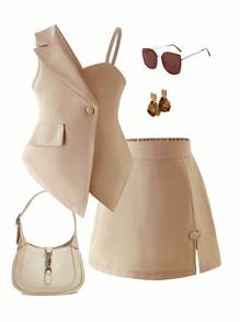 SHEIN Elladie kids 年轻女孩时尚不对称设计套装，优雅淑女风格米色两件套连衣裙