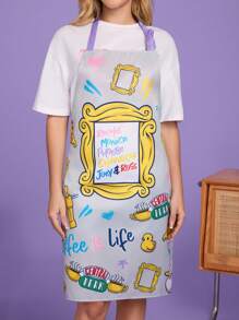FRIENDS X SHEIN 1 pieza Delantal con estampado de dibujos animados de café, pizza y patito, a prueba de agua y aceite, de moda y versátil, adecuado para cocina y hornear