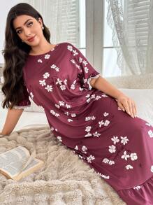 SHEIN Plus Size Floral Print Contrast Lace Hem Nightgown, Summer - Maroon - View 5