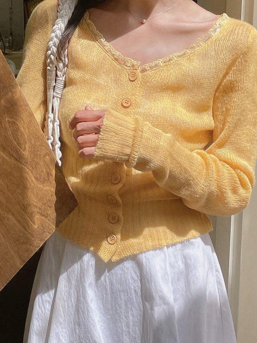 DAZY 蕾丝拼布修身短款开衫，女士长袖，秋季女装