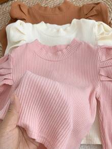 SHEIN LMoss 三件套 少女针织立领休闲 T 恤 女童罗纹衬衫 女童泡泡袖上衣 女童纯色上衣 儿童基本款上衣 女童长袖衬衫 女童基本款上衣 儿童女童纯色衬衫 幼儿女童上衣 儿童基本款上衣 女童泡泡袖衬衫 - 彩色 - 查看 3