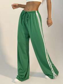 Flirla 拼色條紋束腰開叉直筒短褲 - 綠色 - 查看 6
