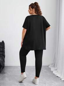 SHEIN CURVE+ Curves 大码/校服/返校服/返校大码女装春夏时尚休闲运动舒适基本百搭修身日常黑色短袖 T 恤和紧身裤两件套、裤子套装、街头服饰、机场服装、女士夏季服装、外出服装、Y2k 服装、极简主义风格、女士教堂服装 大码两件套服装 大码弹力服装 大码套装 大码服装 - 黑色 - 查看 7