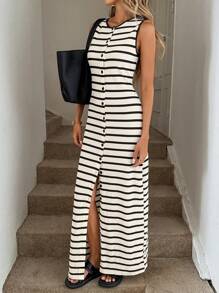Easowa 黑白条纹修身前开叉连衣裙，休闲、商务和度假装，可爱的夏装，适合春、夏、秋、冬季节，返校商务休闲女士外出装，返校服装，女士教师装，教师装，奶油色连衣裙，女士优雅沙滩长裙，女士 - 黑與白 - 查看 6