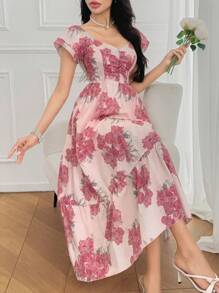 DAZY 女士优雅花卉V领中长连衣裙，夏季 - 粉色 - 查看 1