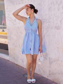 Andrea Bello Women's Convertible Collar Single-Breasted Casual Striped Mini Dress - Blue and White - View 1