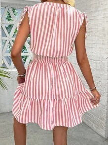 Breezaya Women Summer Blue & White Striped Shoulder Ruffle Bowknot Cinched Waist Cotton Dress